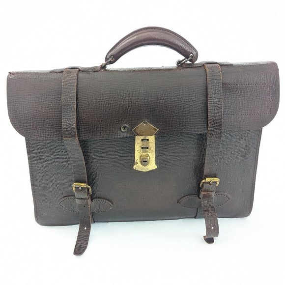 Vintage Leather Locking Accordian Briefcase w Leather Straps/Buckles